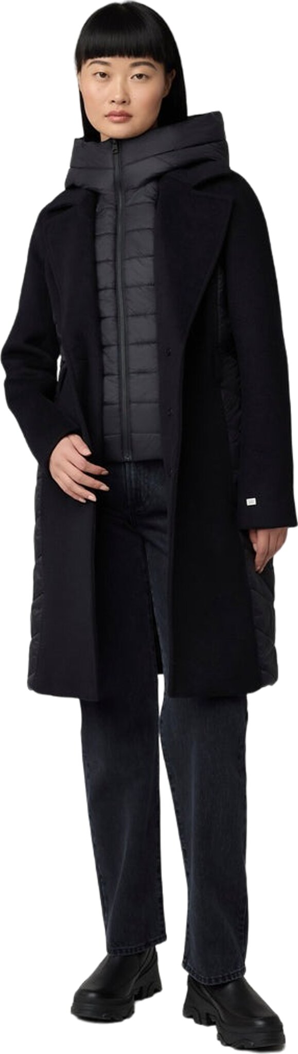 Adeline Slim-Fit Mixed Media Wool Coat with Removable Bib and Hood - Women's
