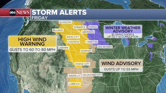 Major winter storm moving, bringing strong wind gusts, snow to Plains and Northeast