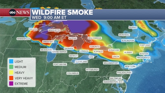 Canadian wildfire smoke descends on US, spreading from Great Lakes to New England