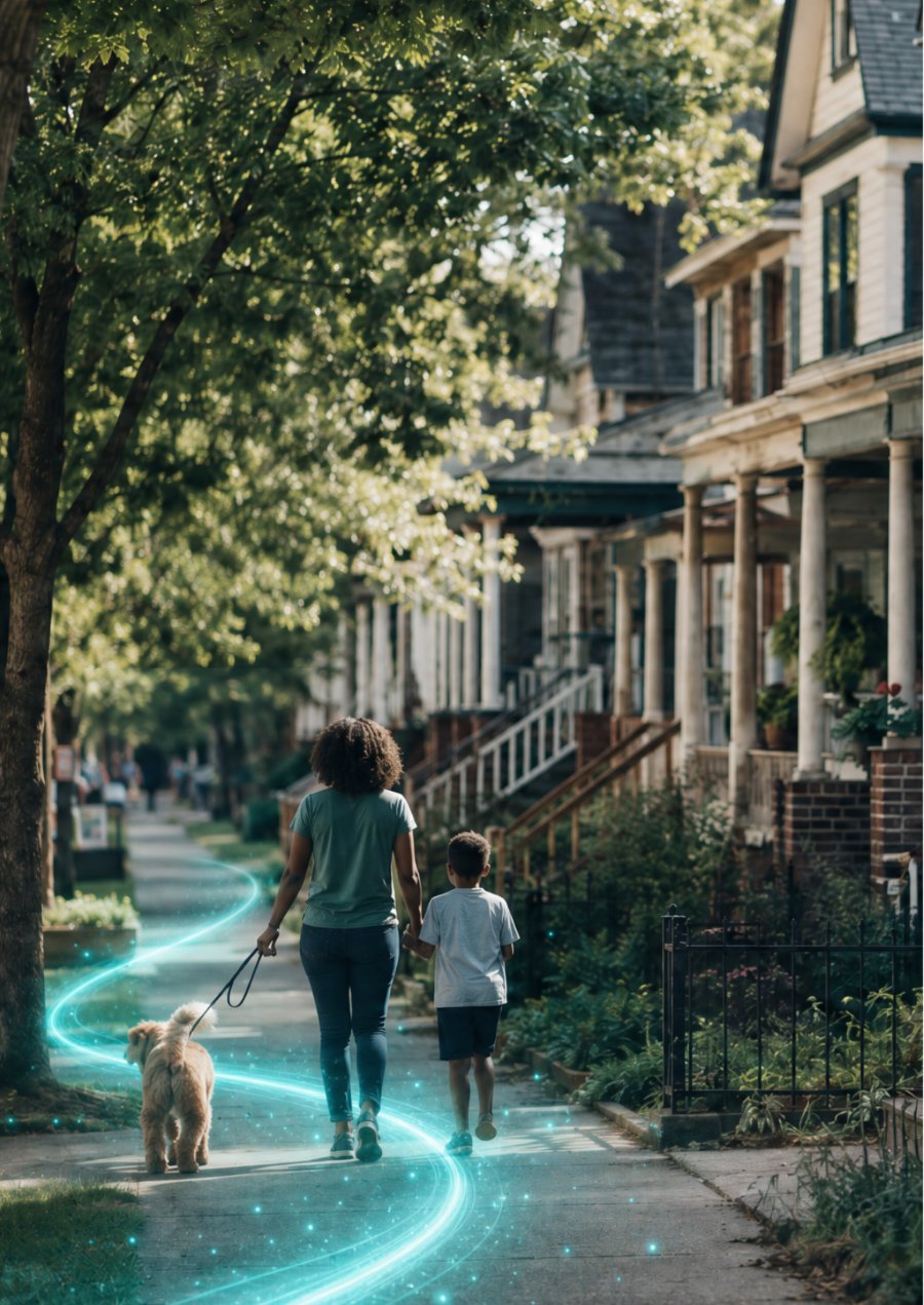 A family walking a dog down a tree-lined Rochester street