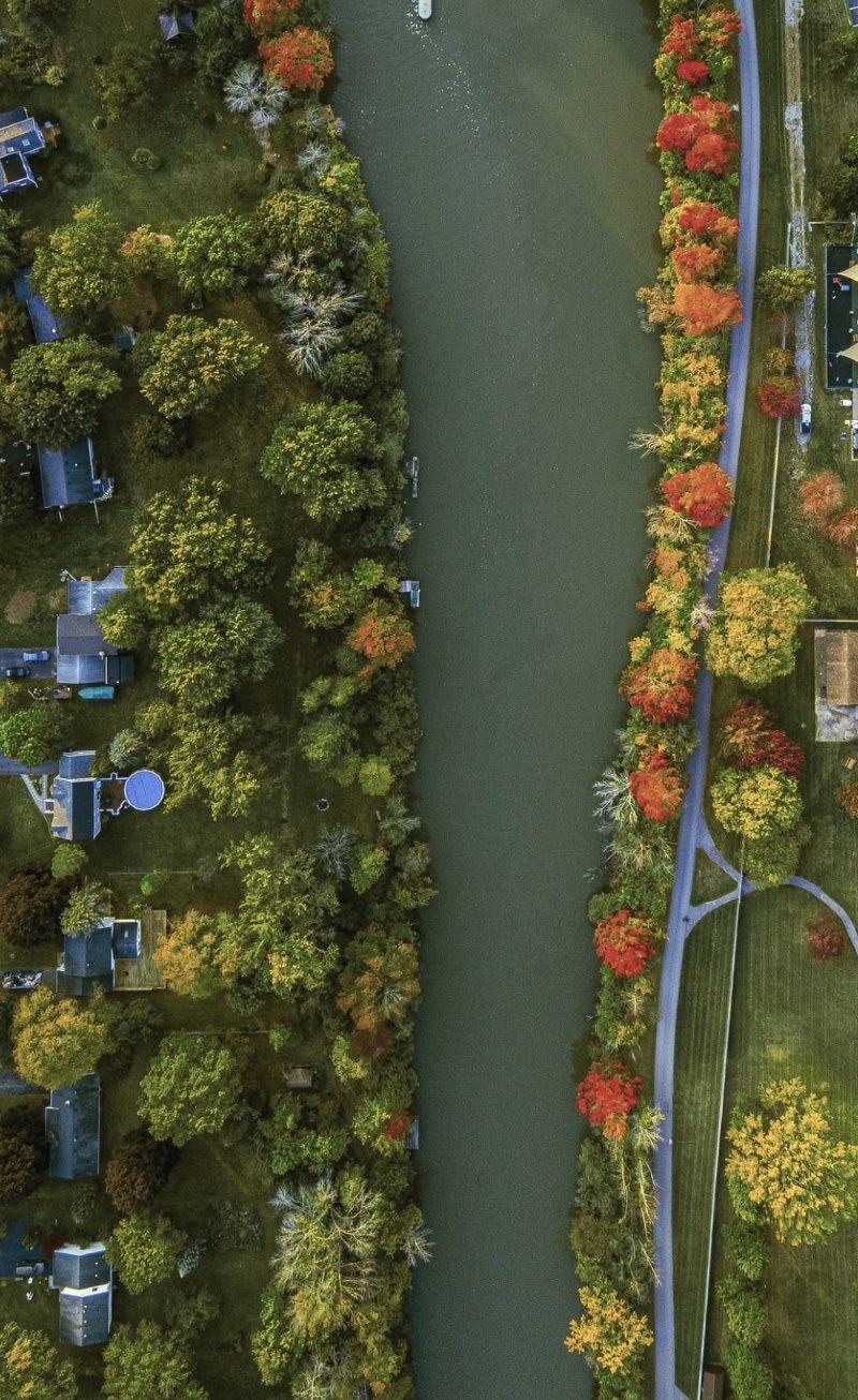 Aerial view of the Genesee River in autumn