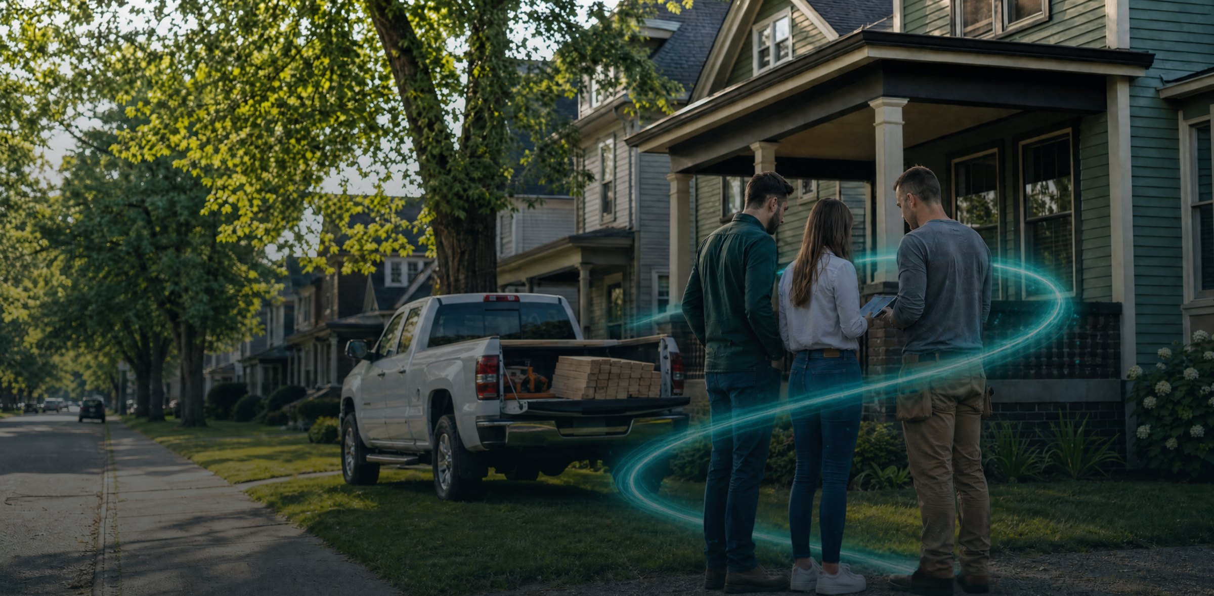Investors and a contractor reviewing plans outside a Rochester home