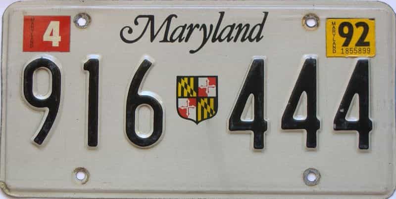 1992 Maryland  (Single) license plate for sale