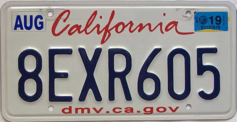 2019 California  (Single) license plate for sale