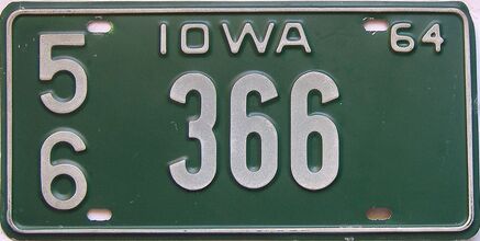 1964 Iowa  (Single) license plate for sale