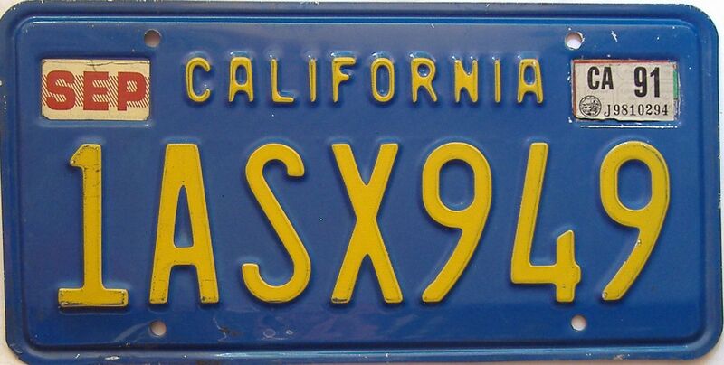 1991 California  (Single) license plate for sale