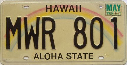 1992 Hawaii  (Single) license plate for sale