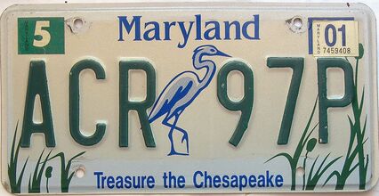 2001 Maryland  (Single) license plate for sale