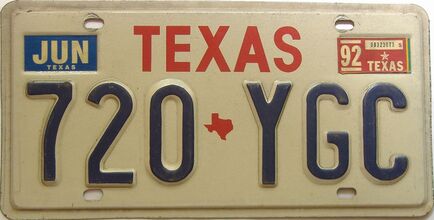1992 Texas  (Single) license plate for sale