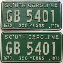1970 South Carolina  (Pair) license plate for sale