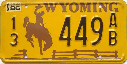 1986 Wyoming  (Single) license plate for sale