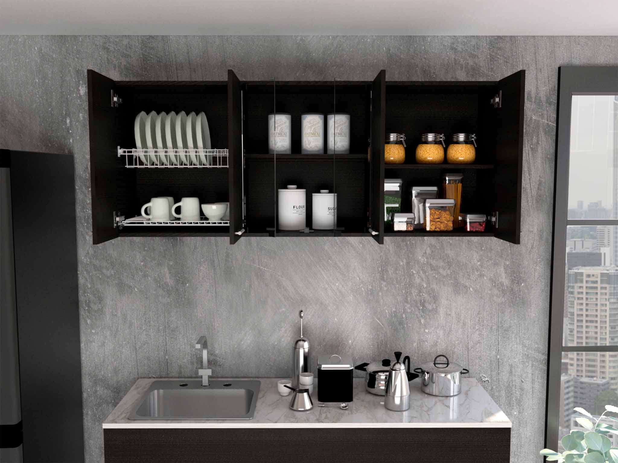 FM FURNITURE Yuma 59"" Wall Cabinet, With Two Cabinets, And Two Open Shelves