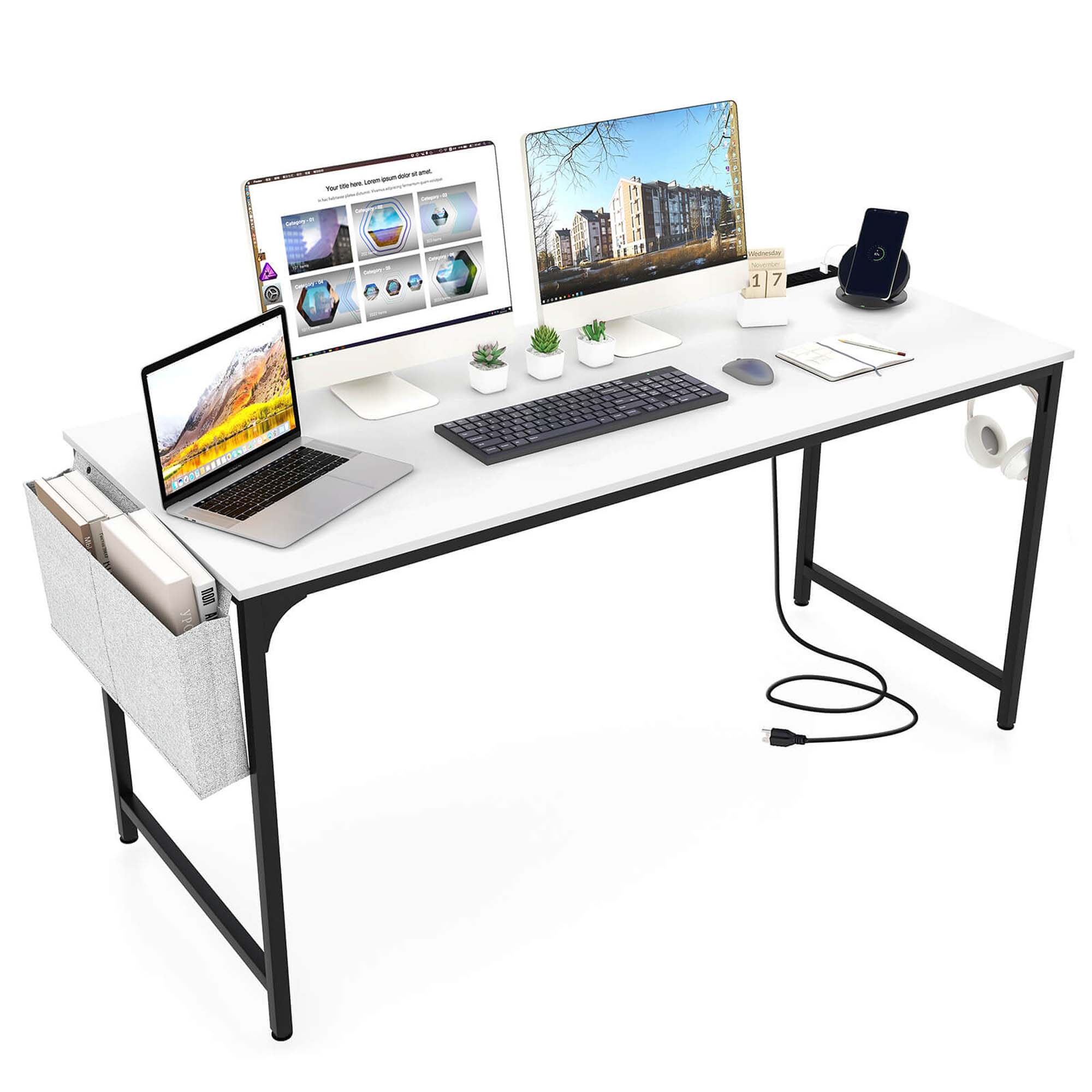 Costway 60"" Modern Computer Desk with Charging Station with Storage Bag & Headphone Hook White