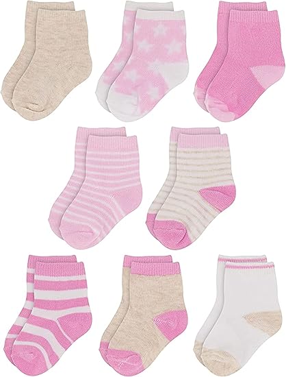 8-Pack Rising Star Baby Socks for Boys & Girls - Pink Patterns Newborn Crew Ankle Cotton Infant Socks
