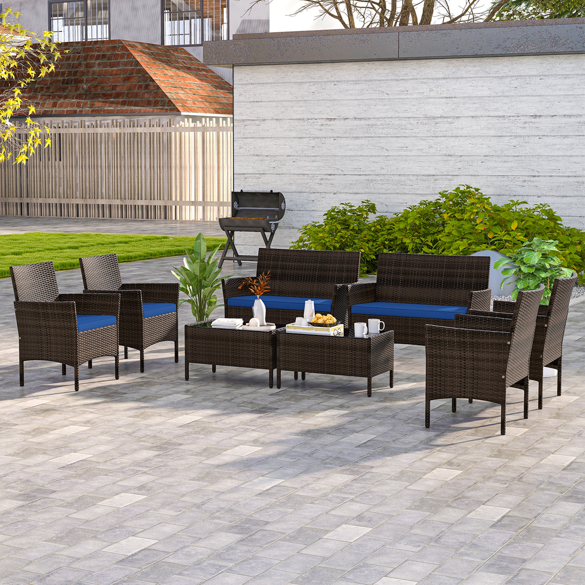 8 Piece Set:  Patio Furniture Set with Washable Cushions and Tempered Glass Coffee Table