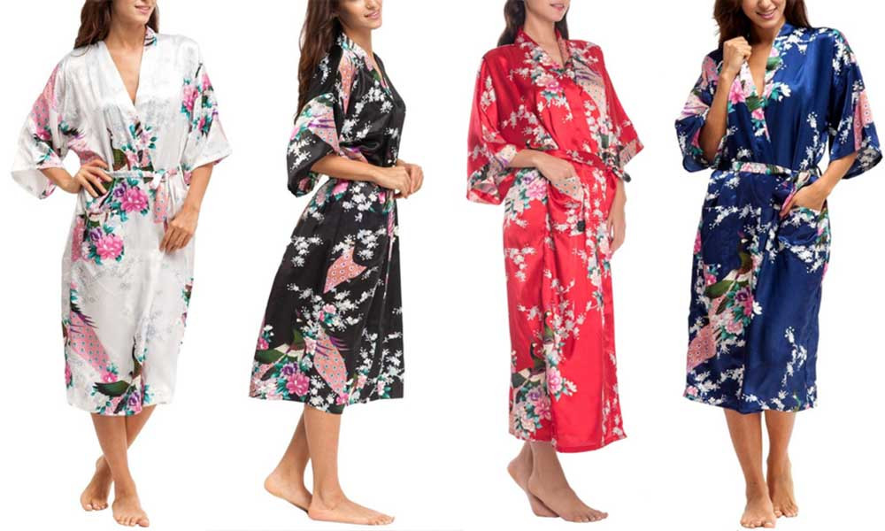 Soft Kimono Robe Dressing Gown Bathrobe Sleepwear with 3/4 Sleeve
