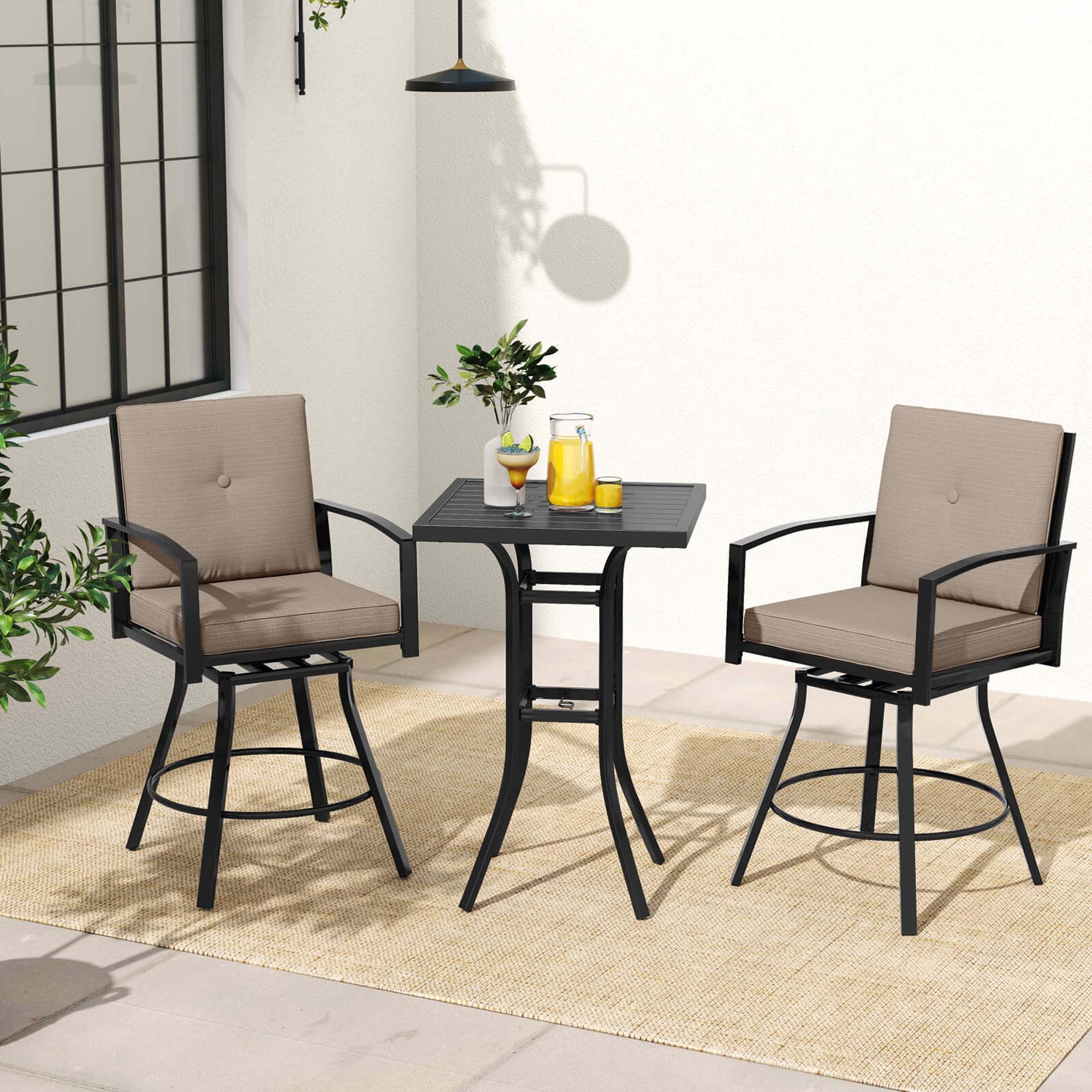 Costway 3-Piece Patio Swivel Bar Set Table and Chairs Set with Soft Cushions & Umbrella Hole