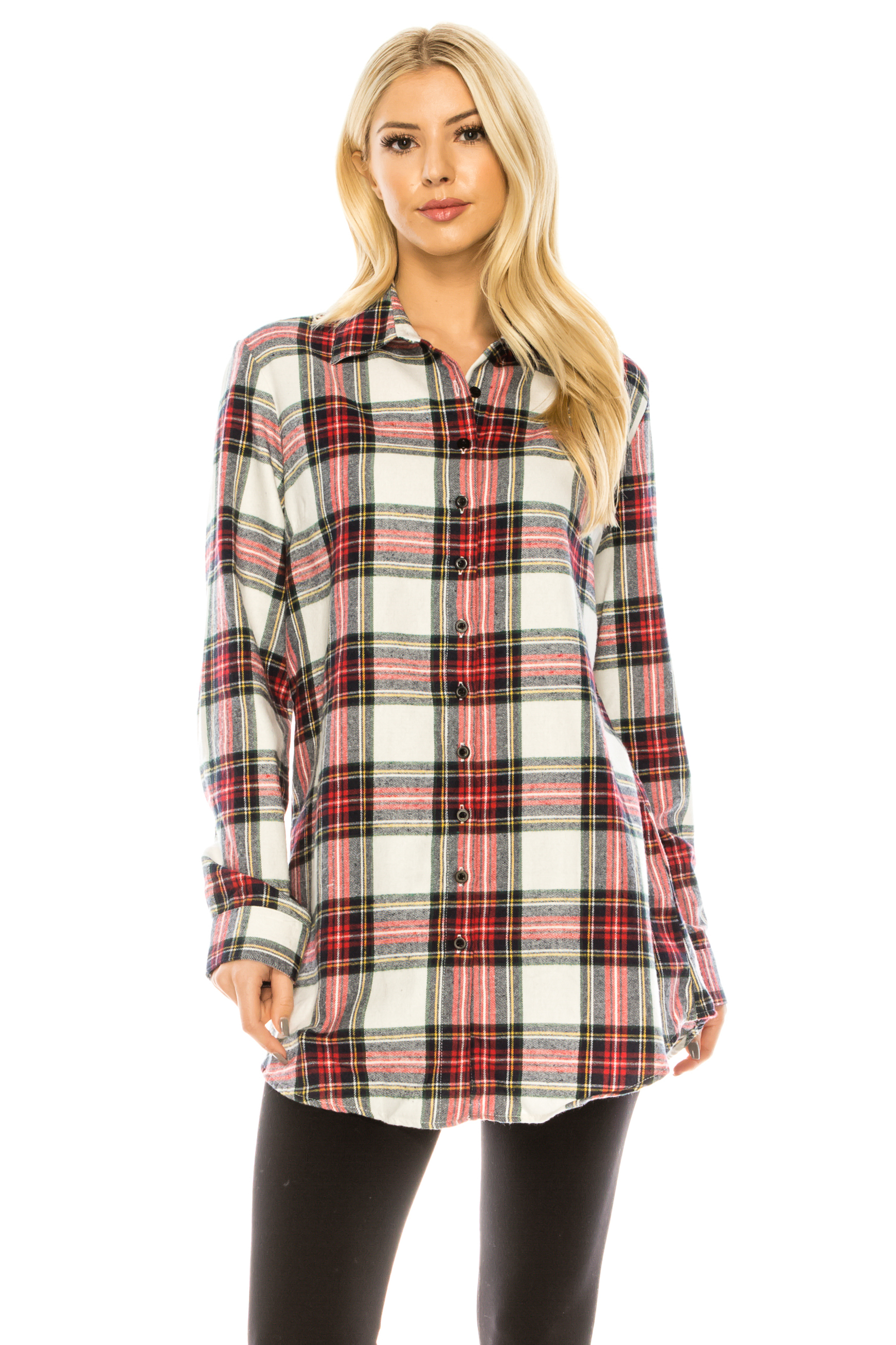 Women's Plaid Tunic Length Button Down Shirt