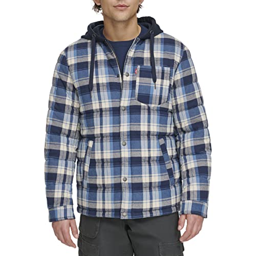 LEVI'S MEN'S PLAID SHERPA LINED HOODED SHIRT JACKET - SIZE: MEN XXL - NAVY/BLUE - New