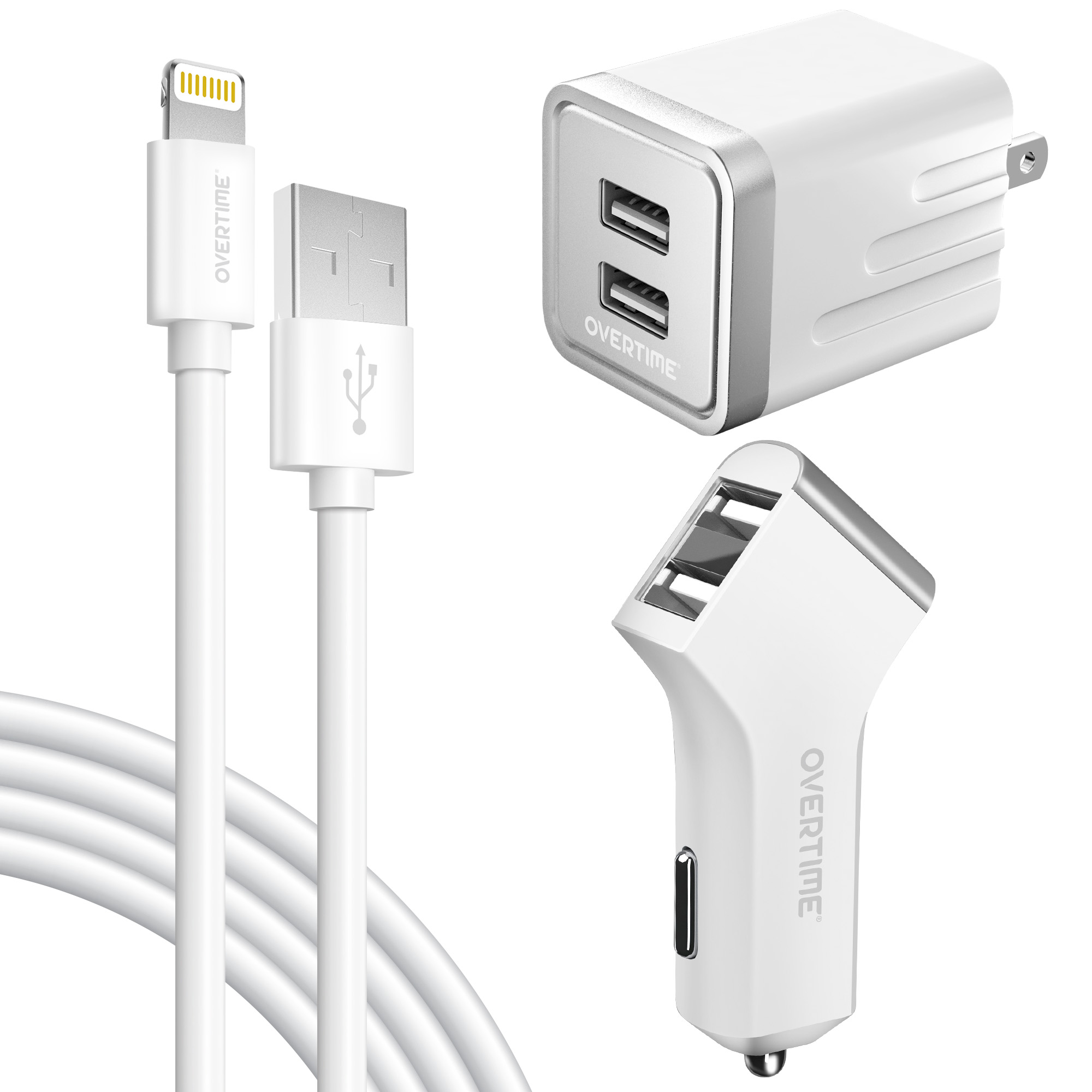Overtime 4' Apple Certified MFi Lightning Cable w/ Dual-Port Wall & Car Chargers