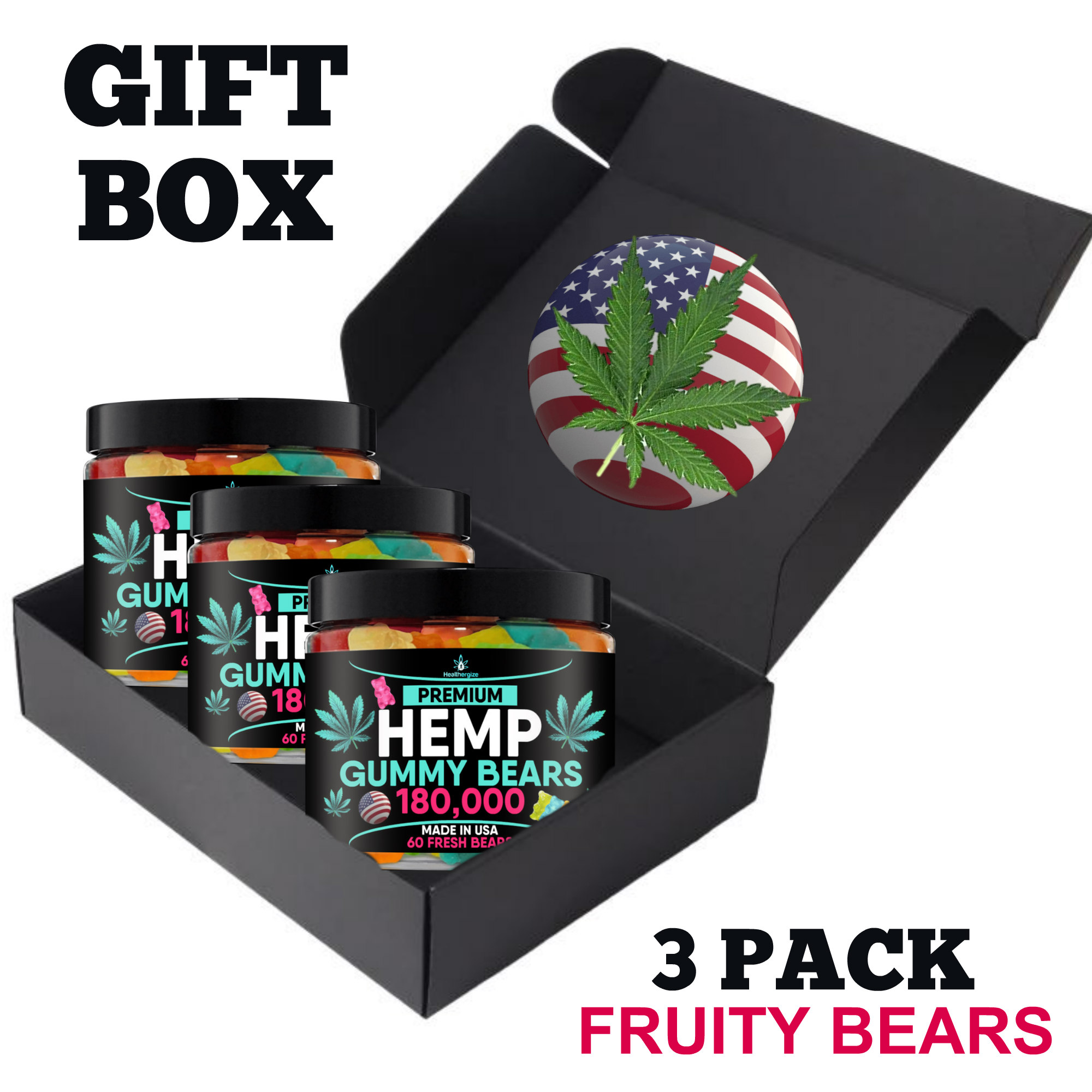 Premium Hemp Gummies-3 Pack Gift Box-Made In USA-Natural Calm, Sleep, Relax