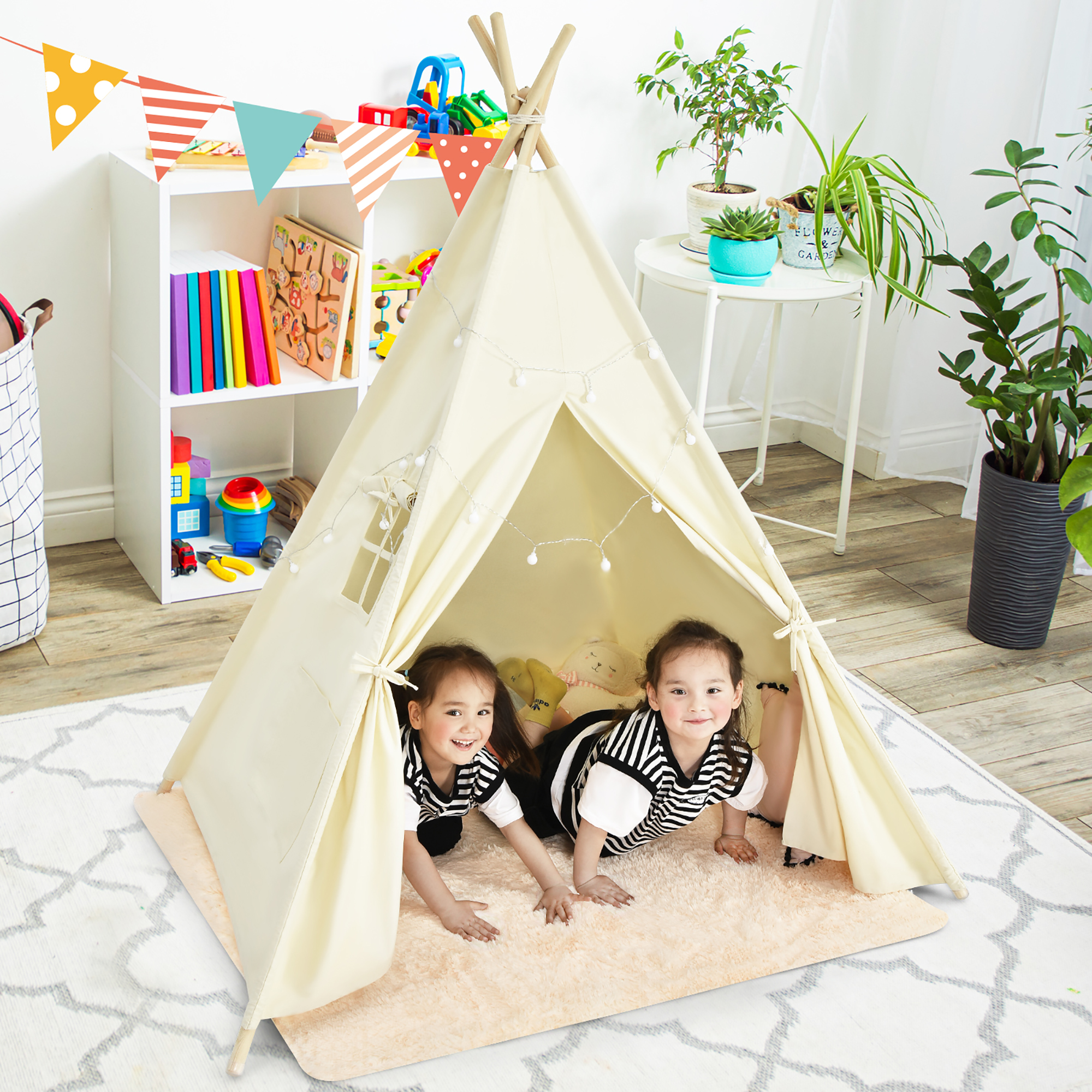 Costway Kids Canvas Teepee Play Tent Foldable Playhouse Toys for Indoor Out