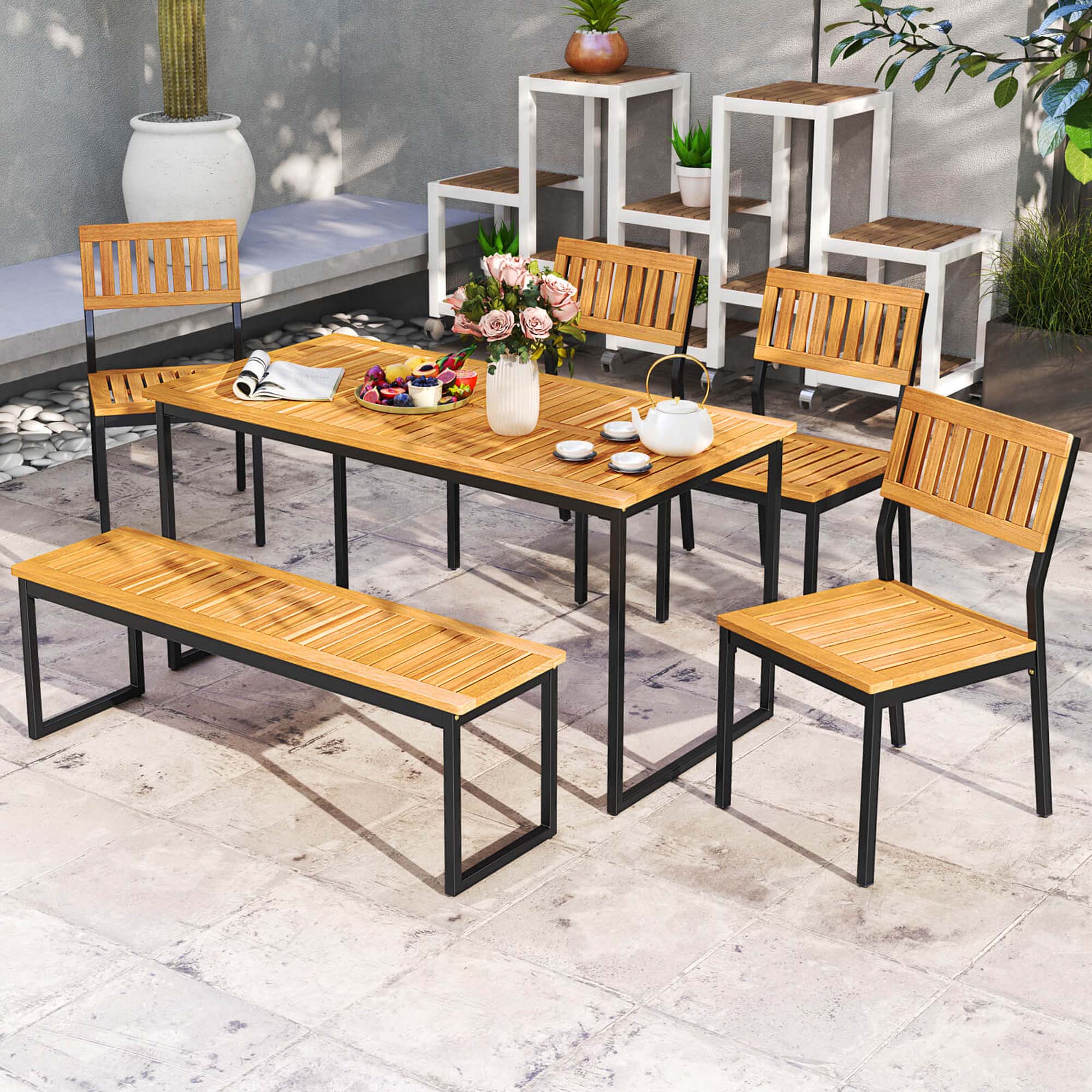 Costway 6 PCS Outdoor Acacia Wood Dining Set with Bench and 2"" Umbrella Hole Outdoor Patio