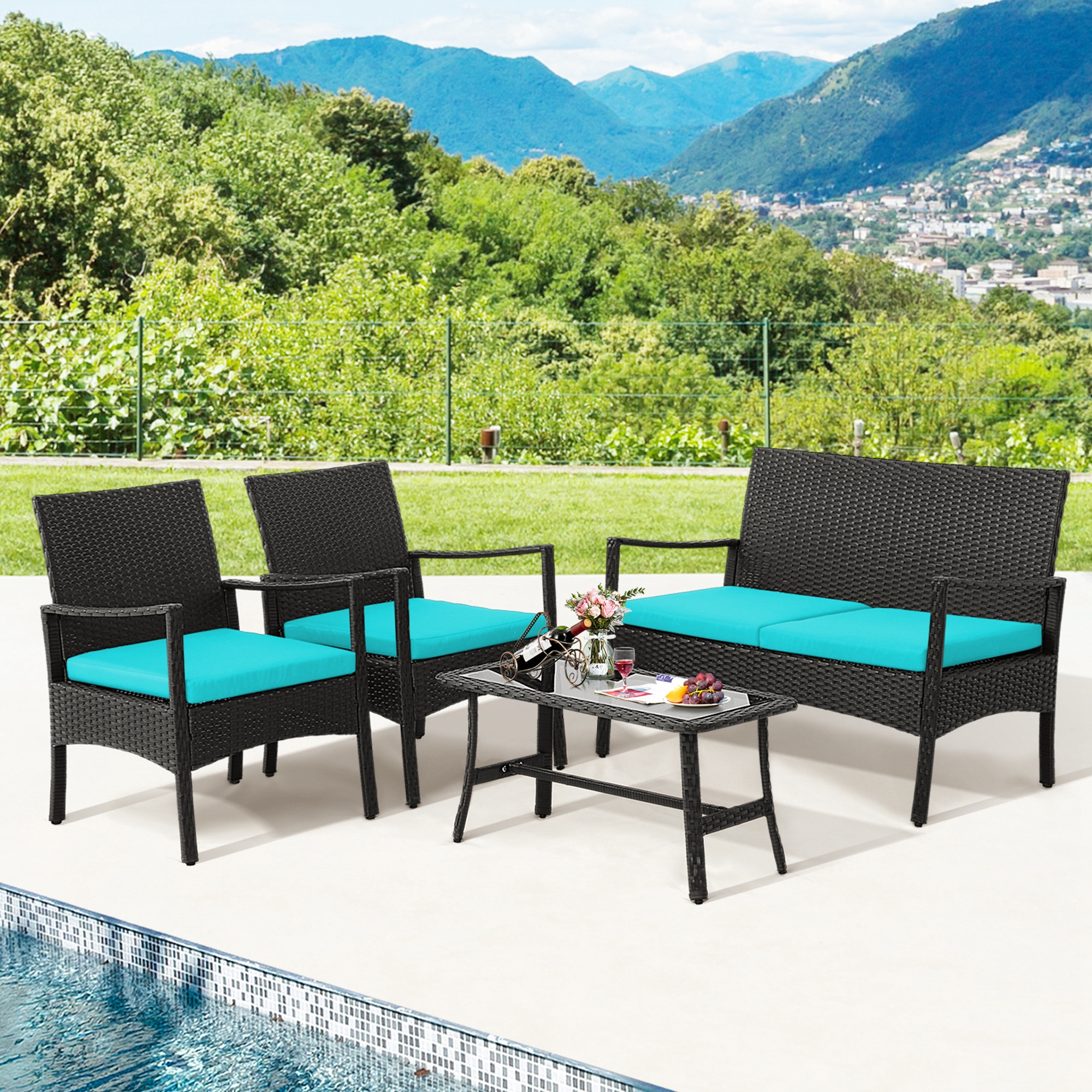 Costway 4-Piece Patio Wicker Furniture Set Cushioned Chairs & Loveseat with Coffee Table Garden