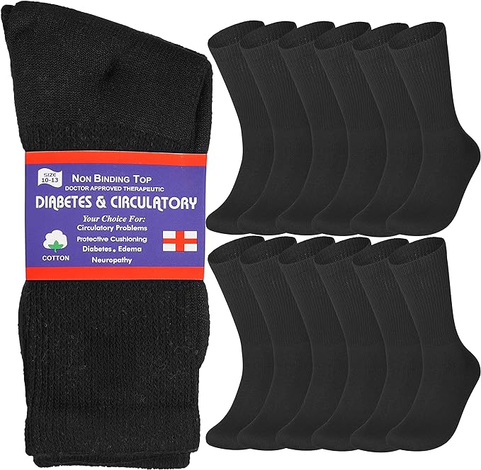 12-Pairs Cotton Non-Binding Diabetic Crew Socks