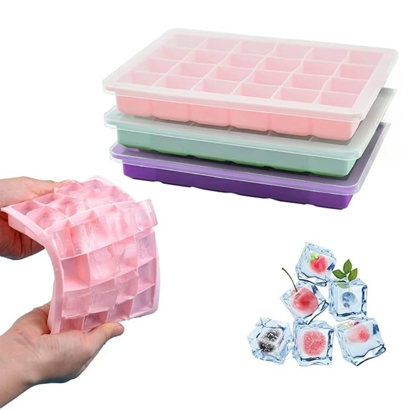 24-Grid Silicone Ice Cube Tray with Lid – Flexible Square Ice Mold for Freezer