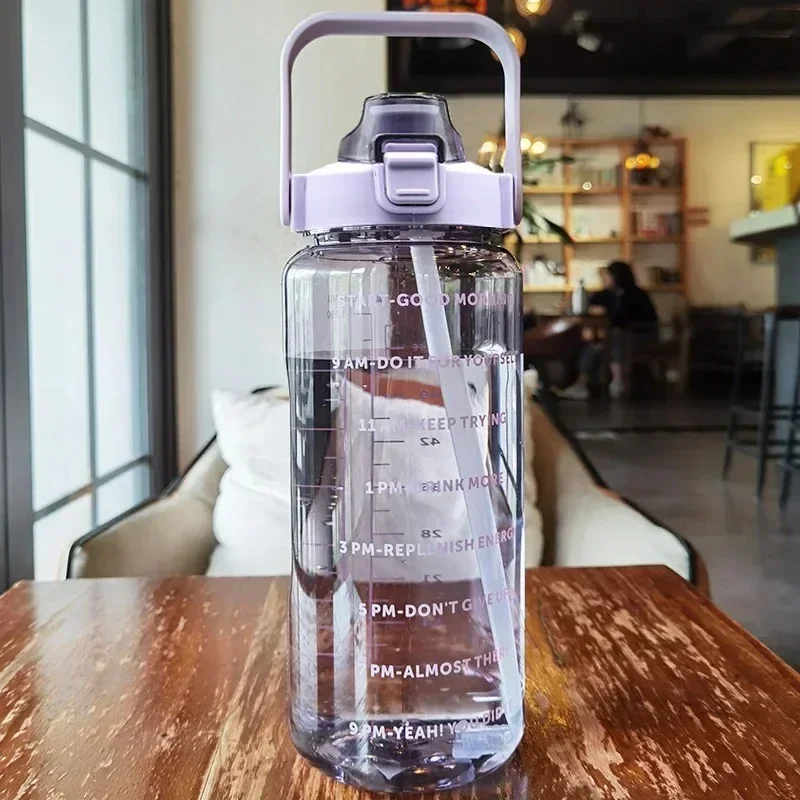 2L Portable Water Bottle Large Capacity Plastic Straw Water Cup Drink Bottle With Time Marker