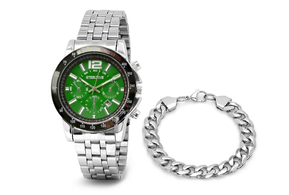 Bracelet & Watch Set W/Stainless Steel 8.5"" Cuban Bracelet