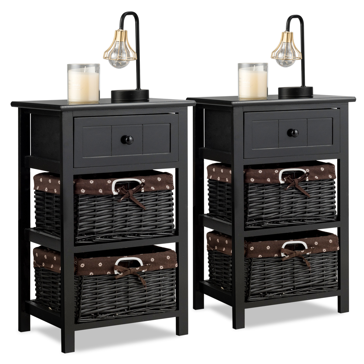 Set of 2 Nightstand 3 Layer 1 Drawer Bedside End Table Wood W/2 Basket Black