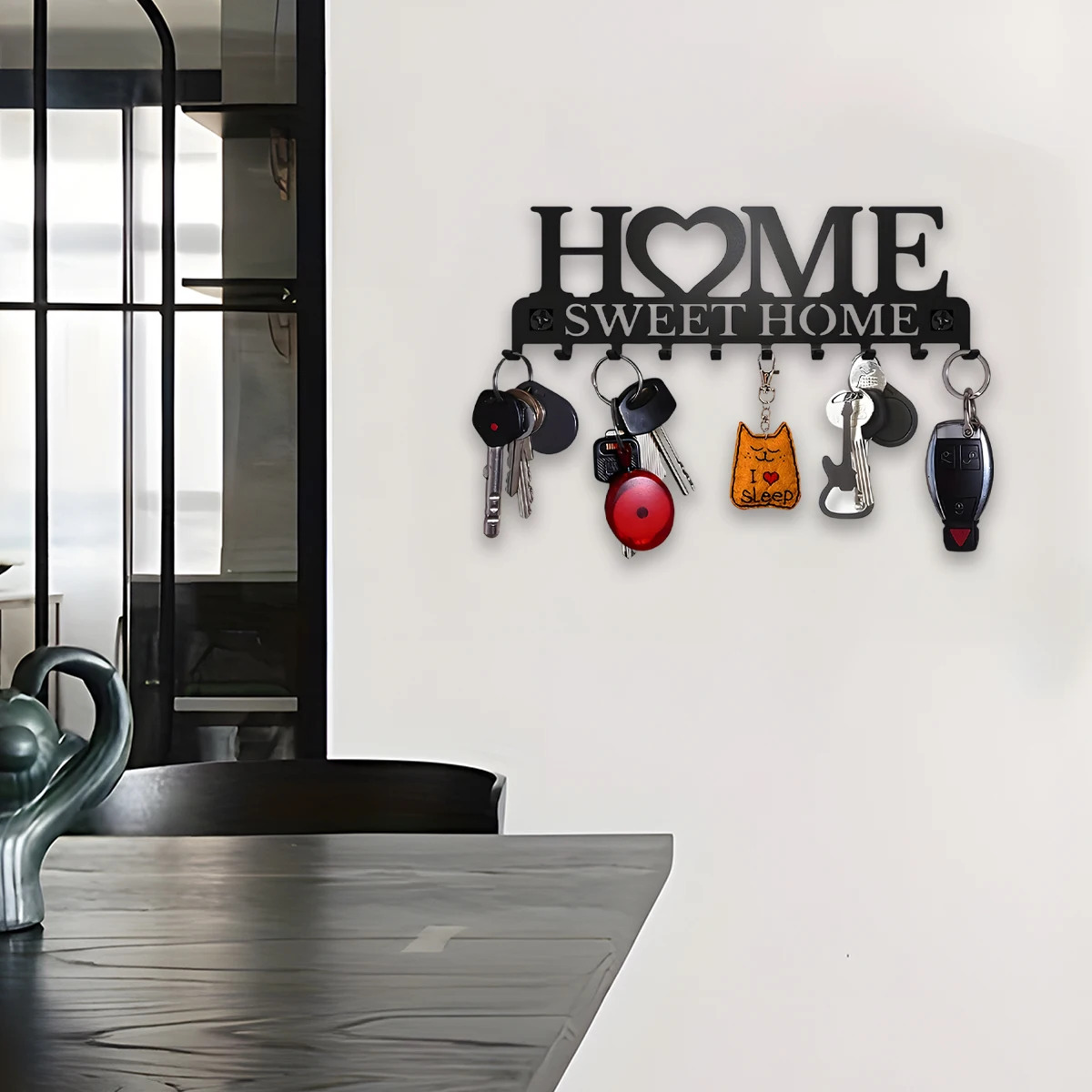 "Sweet Home" Black Metal Wall Mount Key Holder – 10 Hooks