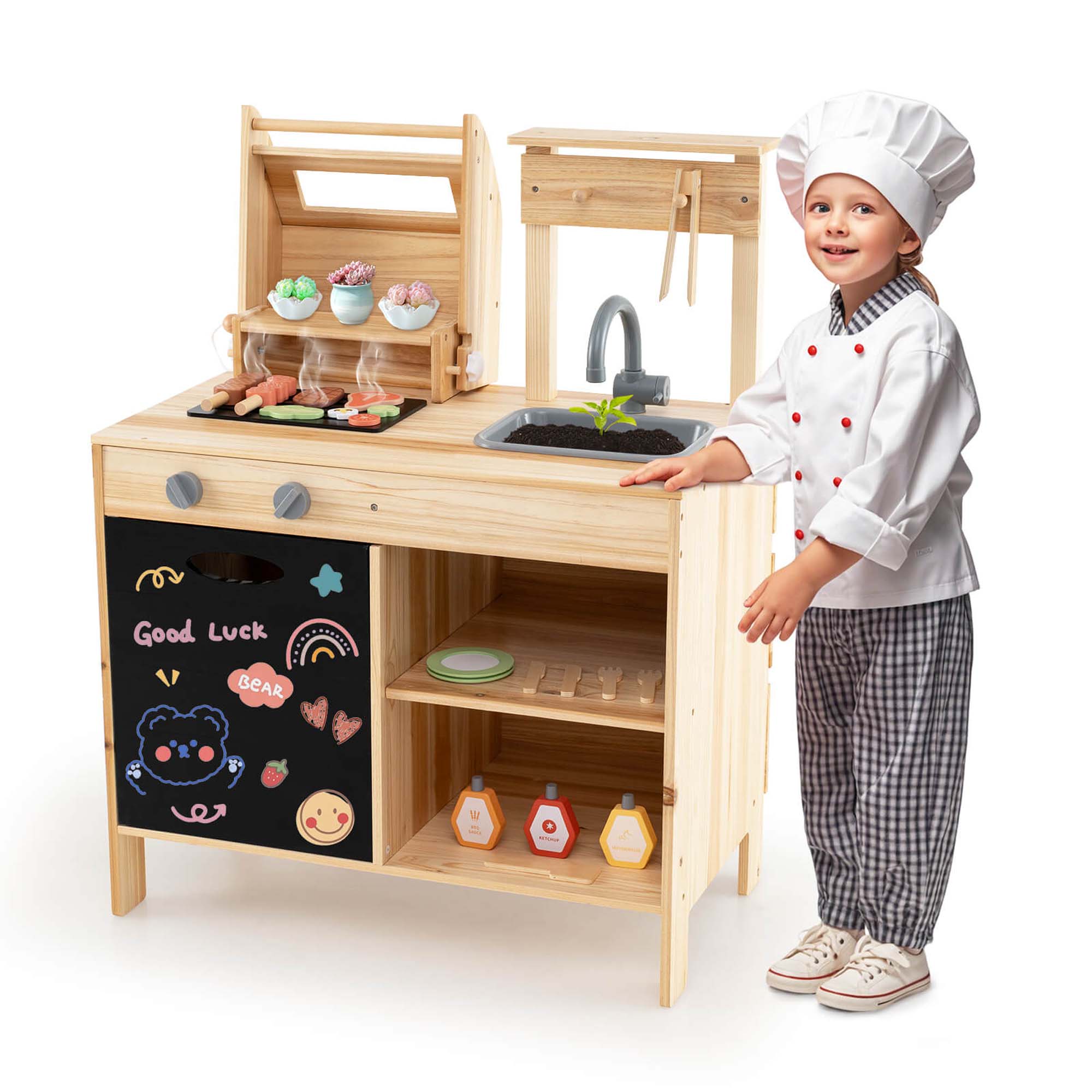 Costway Wooden BBQ Grill Playset with Play Food & Tools