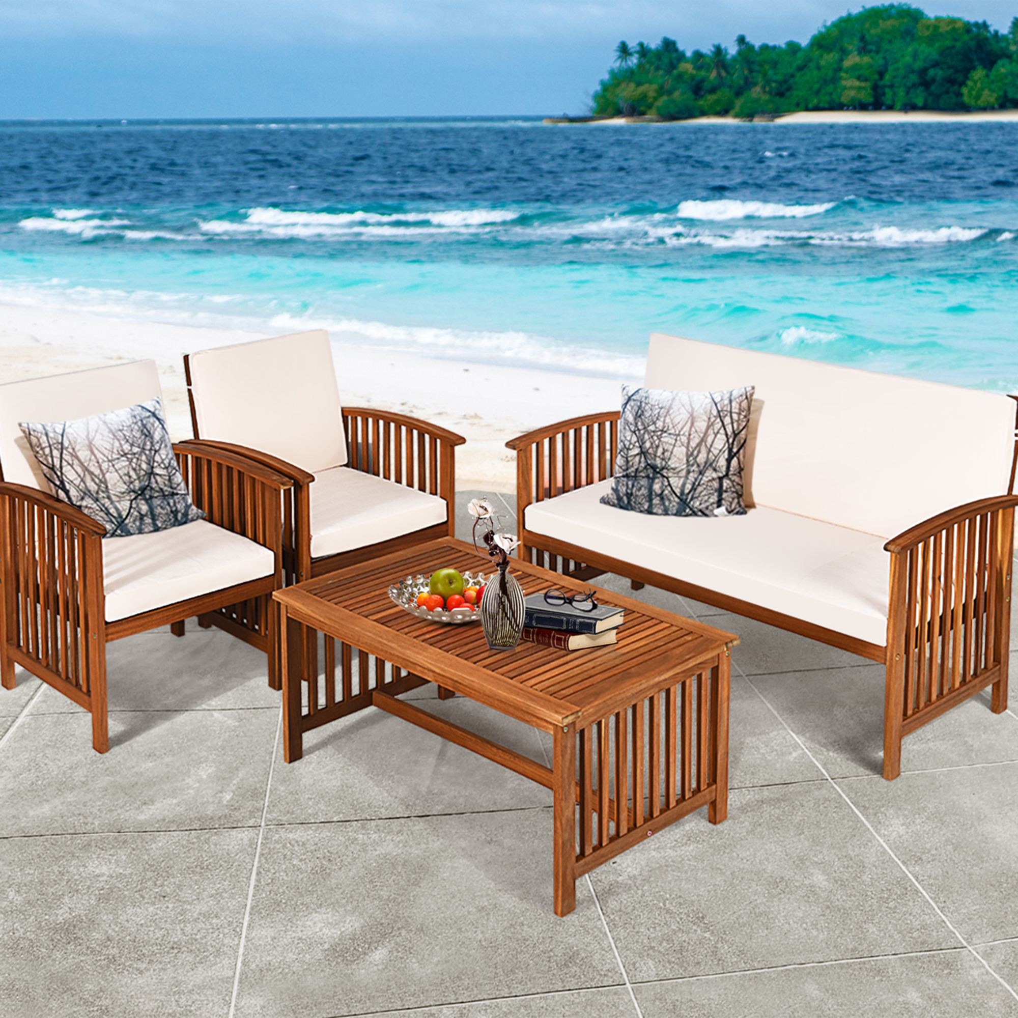Costway 4PCS Patio Solid Wood Furniture Set Conversation Coffee Table W/Whi