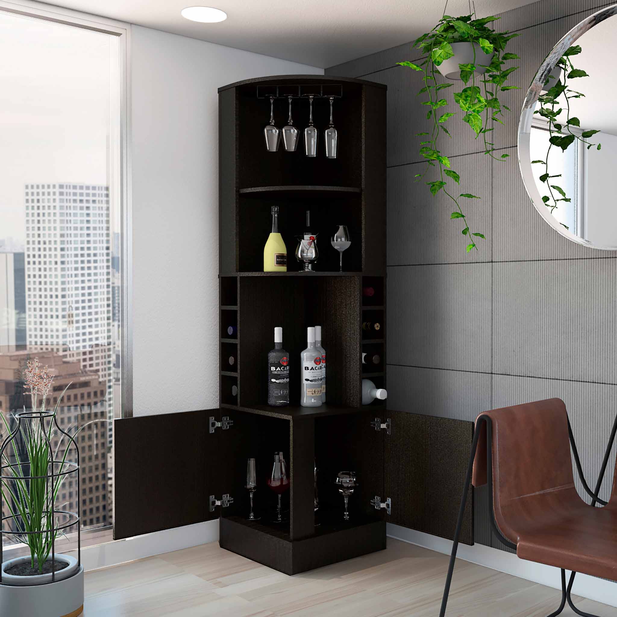 FM FURNITURE Seattle Bar Cabinet With Two Drawers, 8 Bottle Cubbies, Two Large Open Shelves, And Four Stemware Racks