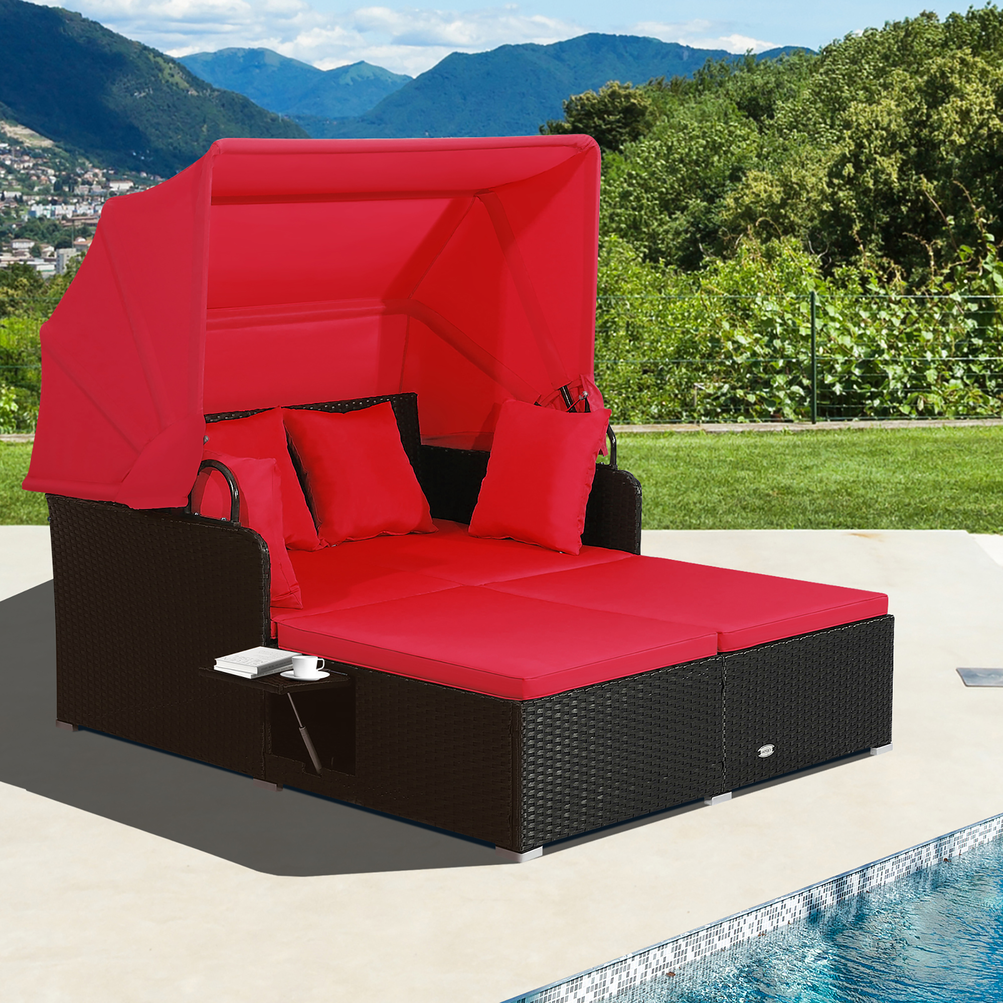 Patio Rattan Daybed with Retractable Top Canopy