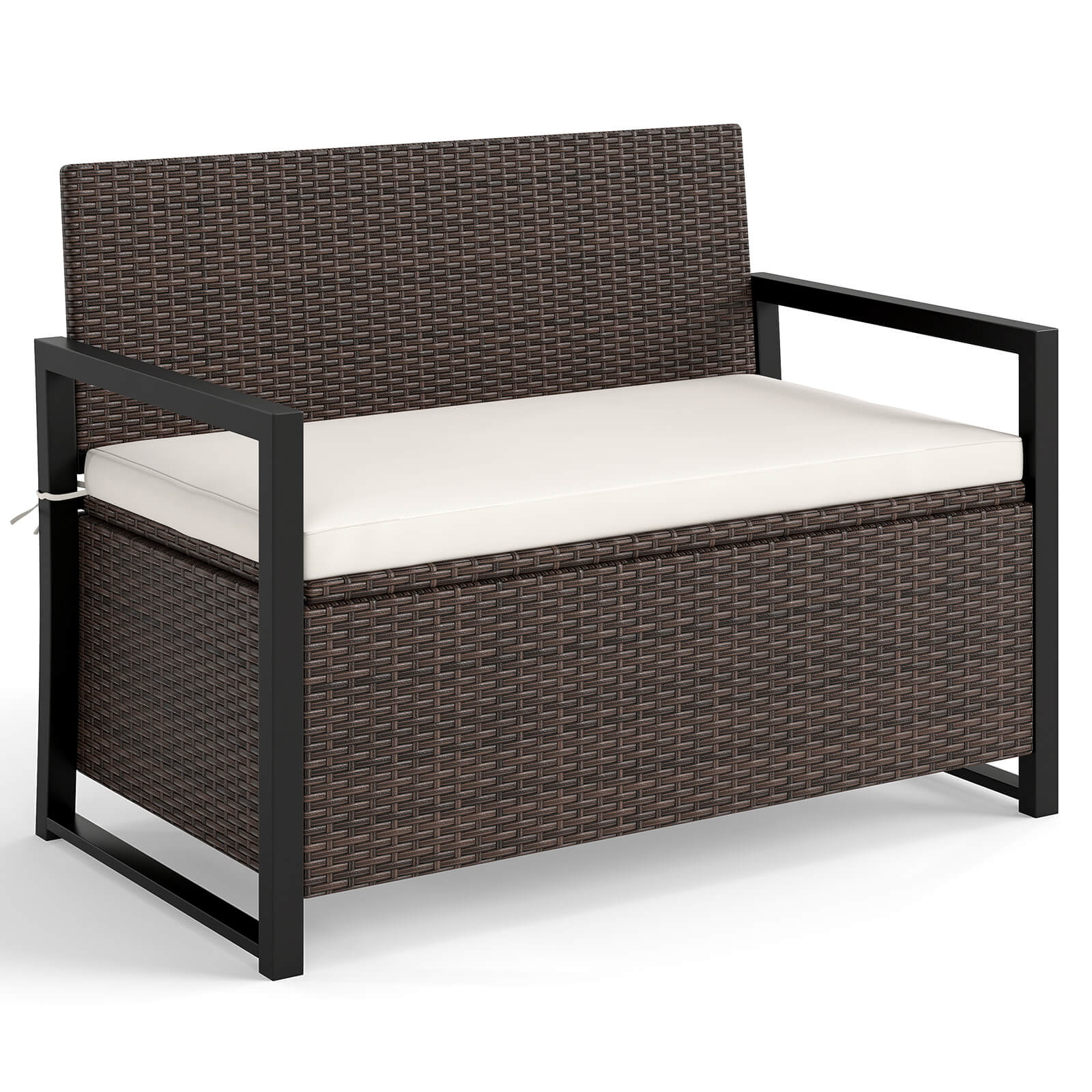 Costway Patio Storage Bench Wicker Loveseat with Built-in Storage & Long Seat Cushion