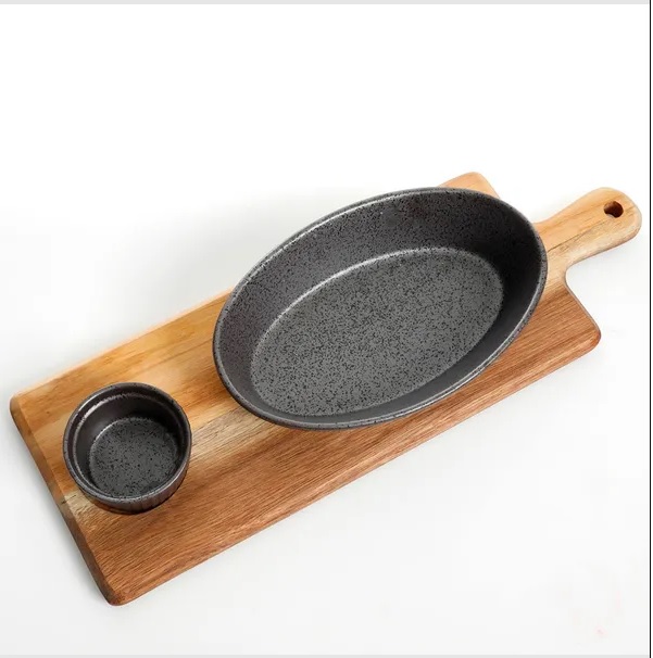 Ceramic Chip & Dip Serving Set With Wood Paddle Chip Dip Serving Tray Set
