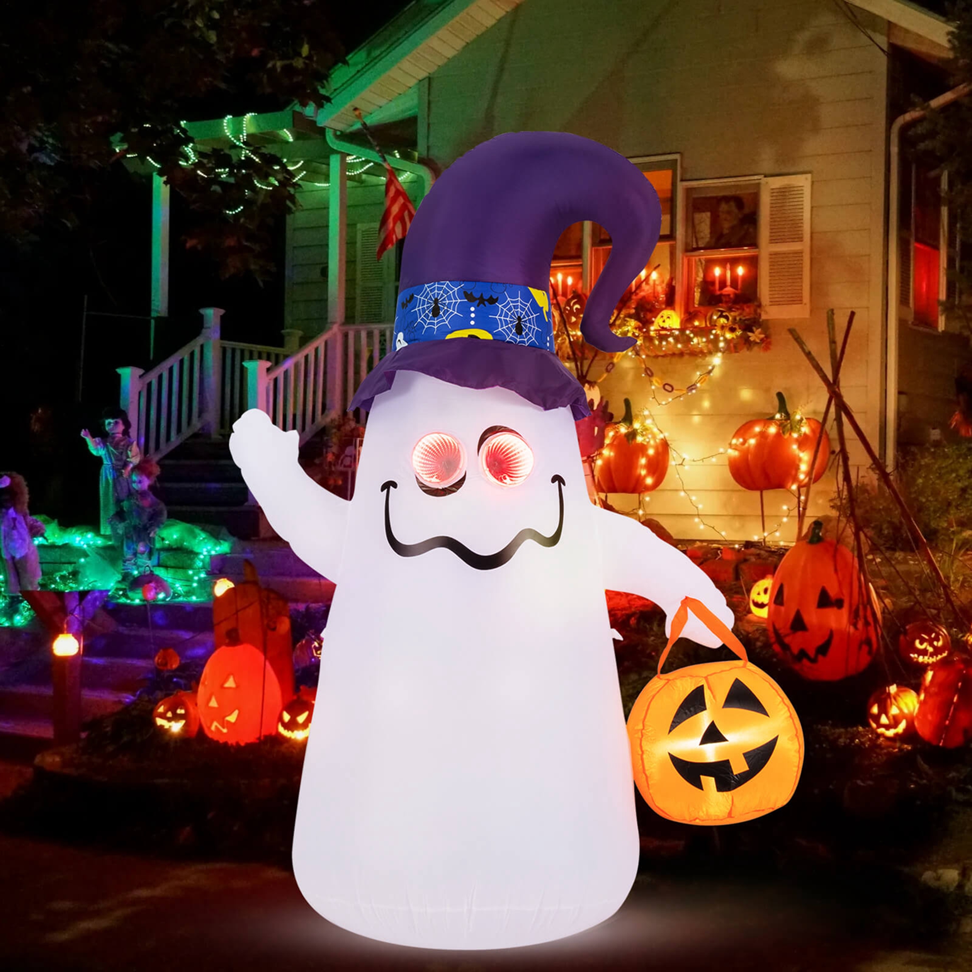 Cute Ghost with Jack-O-Lantern & Witch Hat - 6 Ft Inflatable