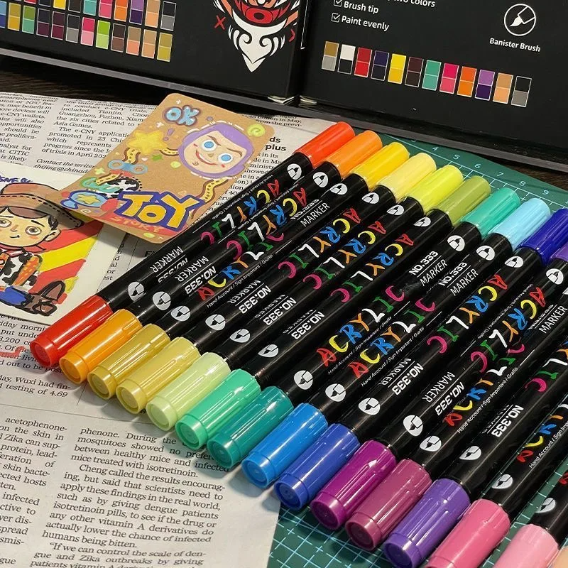 Acrylic Paint Markers Dual-Tip Fine and Brush Tip Pens for Stone, Wood, Calligraphy