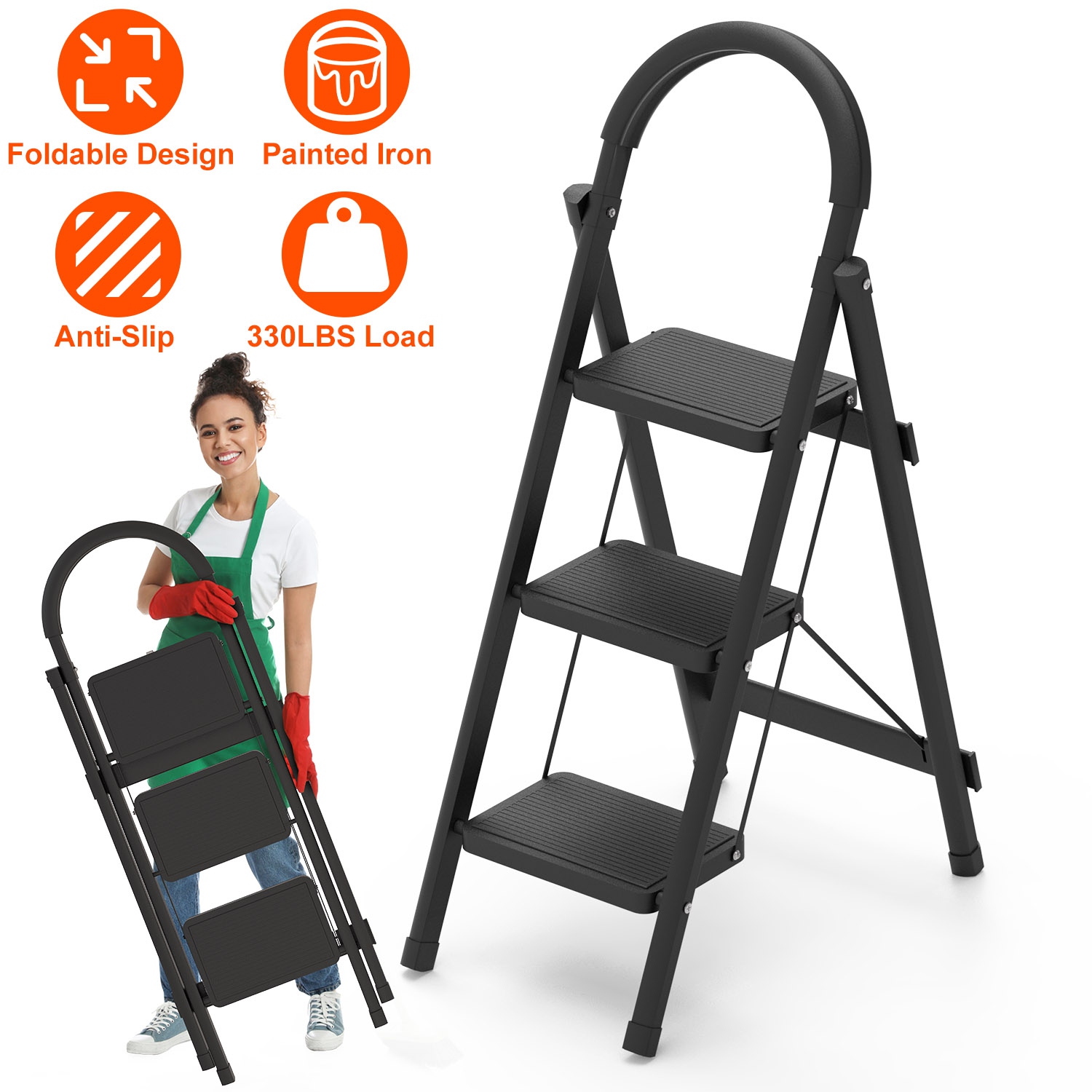 3-Step Foldable Ladder With Wide Anti-Slip Pedal Safety Locking Design Soft Handgrip Portable Lightweight Folding Step Stool 330LBS Load Capacity