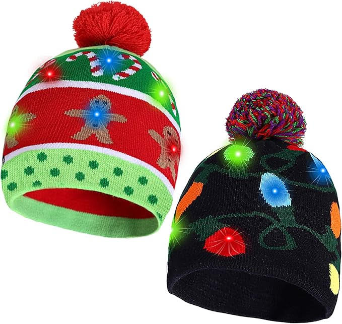 2 Pack Christmas LED Light-up Knitted Beanie Hat