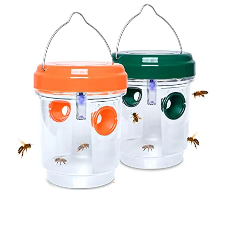 Solar Wasp Traps Hanging Yellow Jacket Trap with UV LED Light Reusable Bee Trap Catcher for Hornets Flying Insects Killer