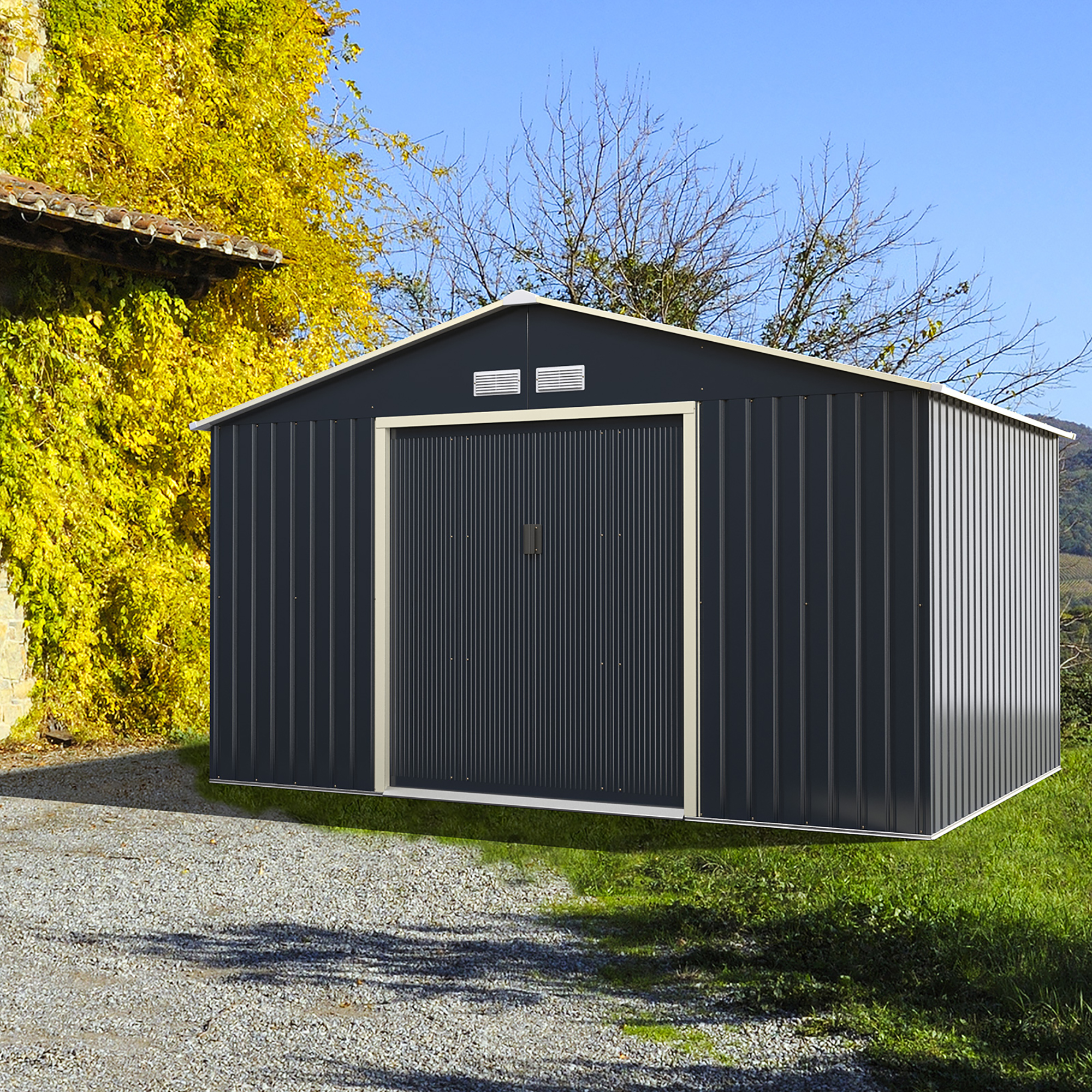 Metal Storage Shed for Garden and Tools w/Sliding Double Lockable Doors