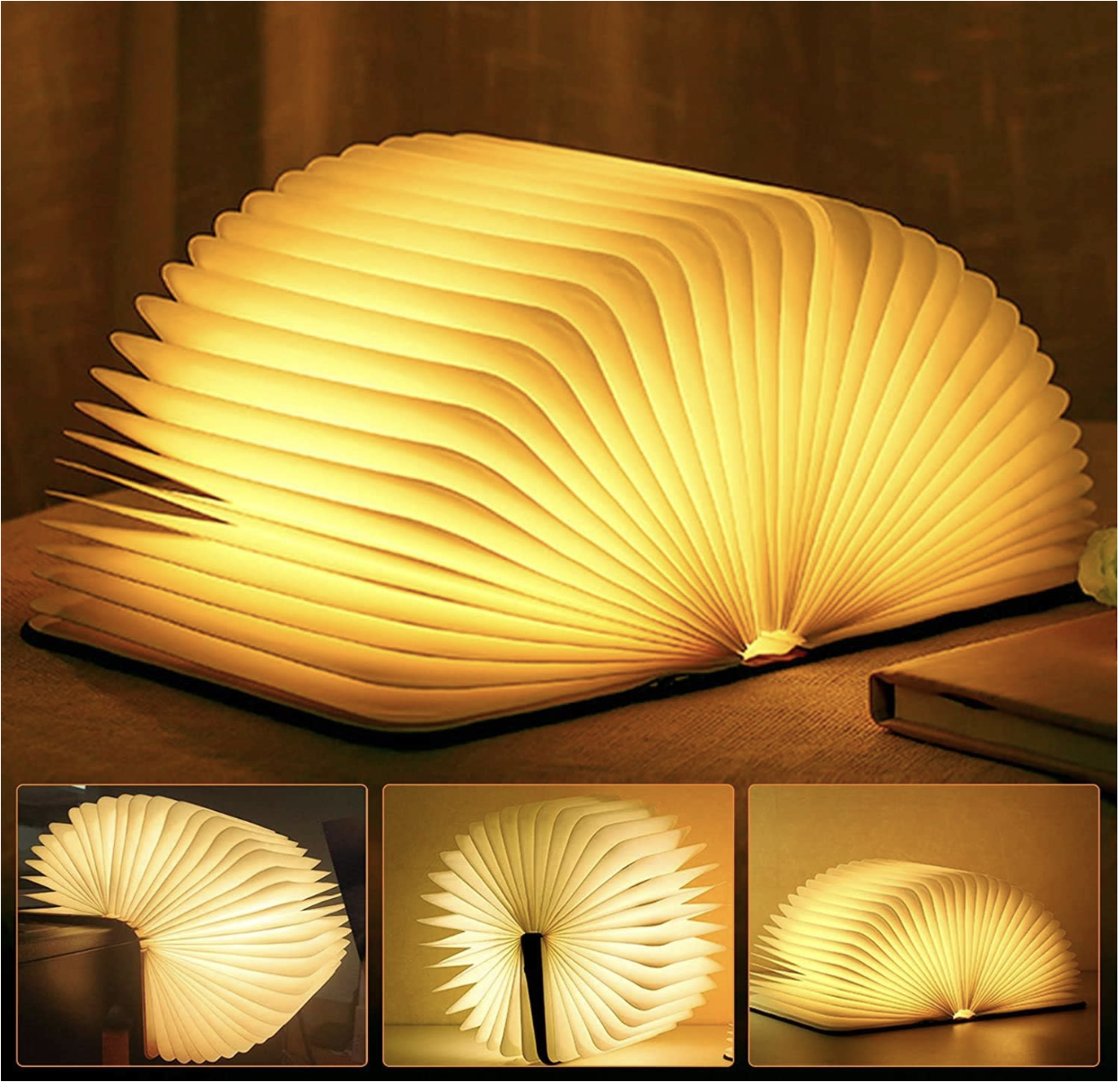LED Wooden Book Light, 3 Colors Folding Book Lamp