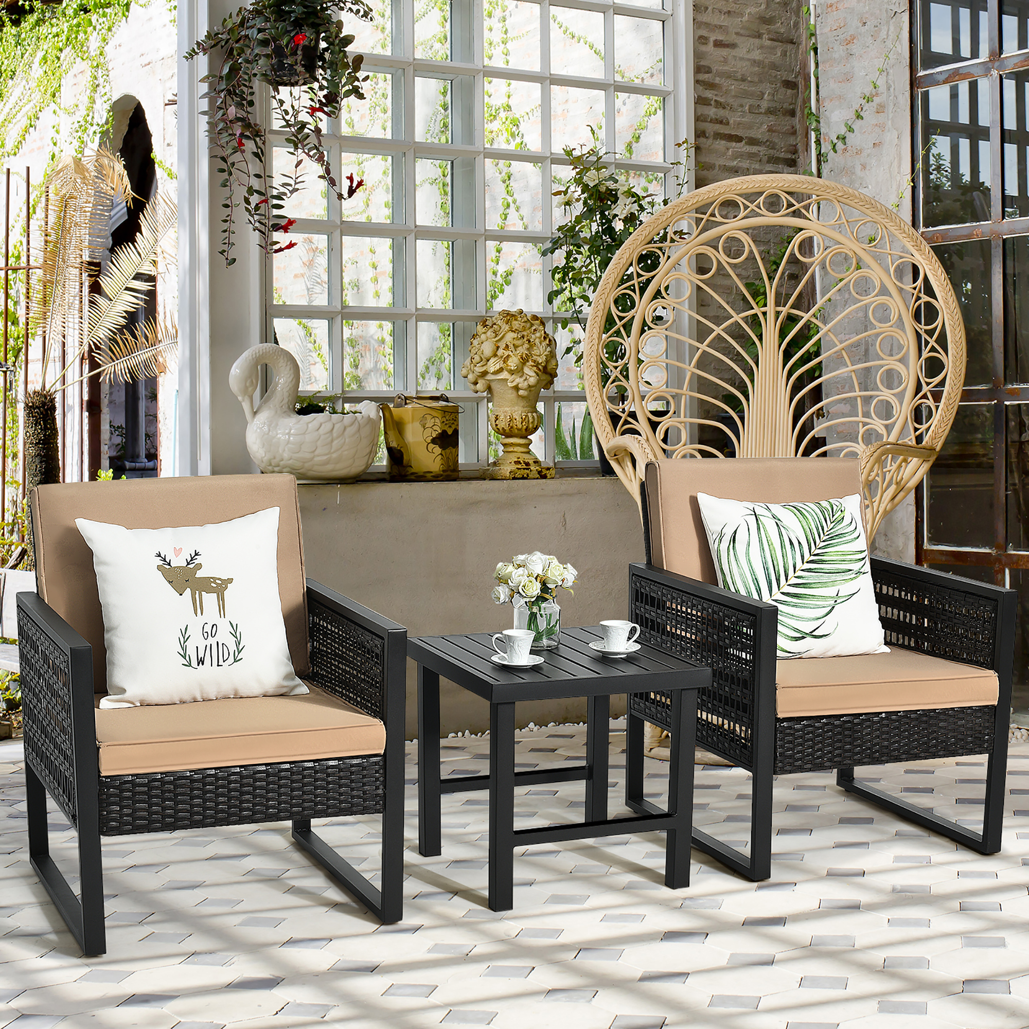 Costway 3-Piece Patio Rattan Bistro Furniture Set Cushioned Sofa Chair Coffee Table Garden