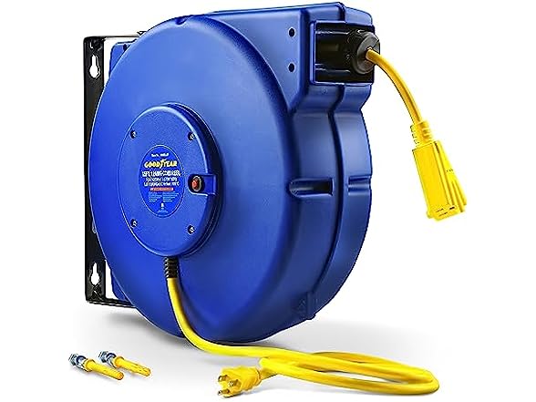 GOODYEAR Extension Cord Reel Retractable 12AWG x 65' Foot 3C/SJT Heavy Duty Commercial Cable Triple Tap Connector Power 15A 125VAC 1875W