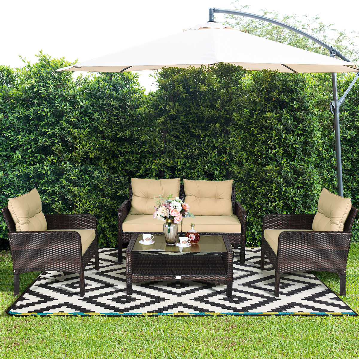 4 Piece Set: Costway Patio Rattan Set With Coffee Table
